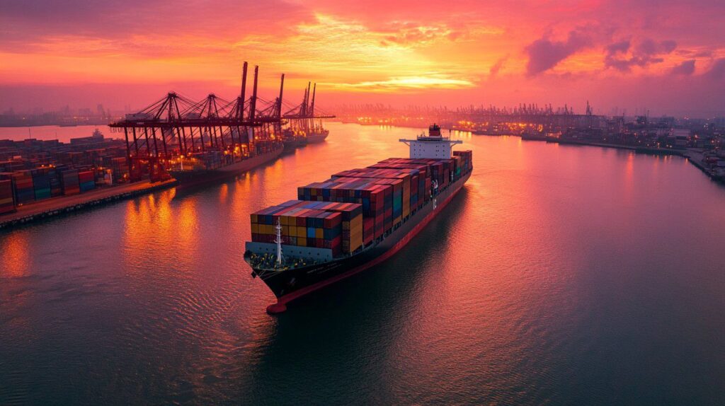 cargo ship sunset asian port